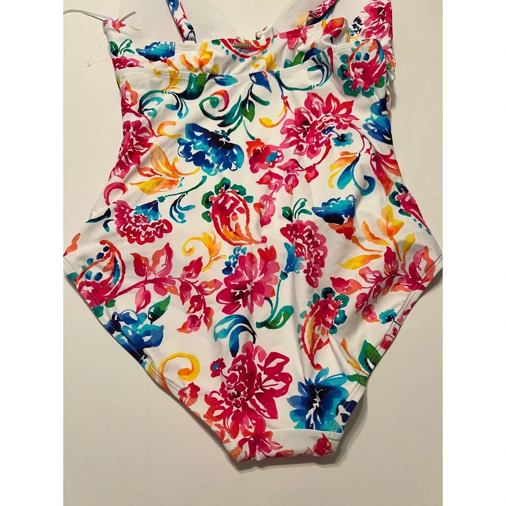 Anne Cole Womens Floral Paisley Ruched One Piece Swimsuit White‎ Multi Color 12